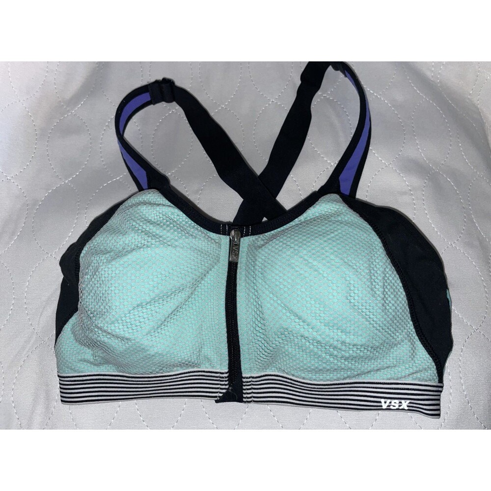 Victoria's Secret VSX Zip Front Sports Bra Size 34C Blue Black Push up Mesh